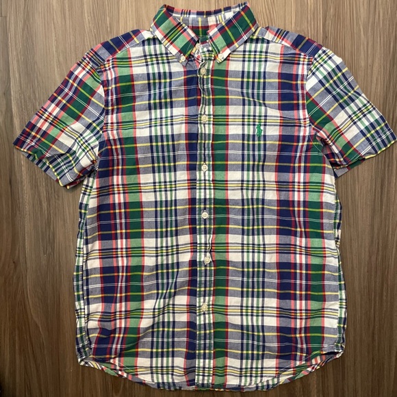 Ralph Lauren Big Boys Plaid Brushed Cotton Green and Blue Button Down Shirt -L